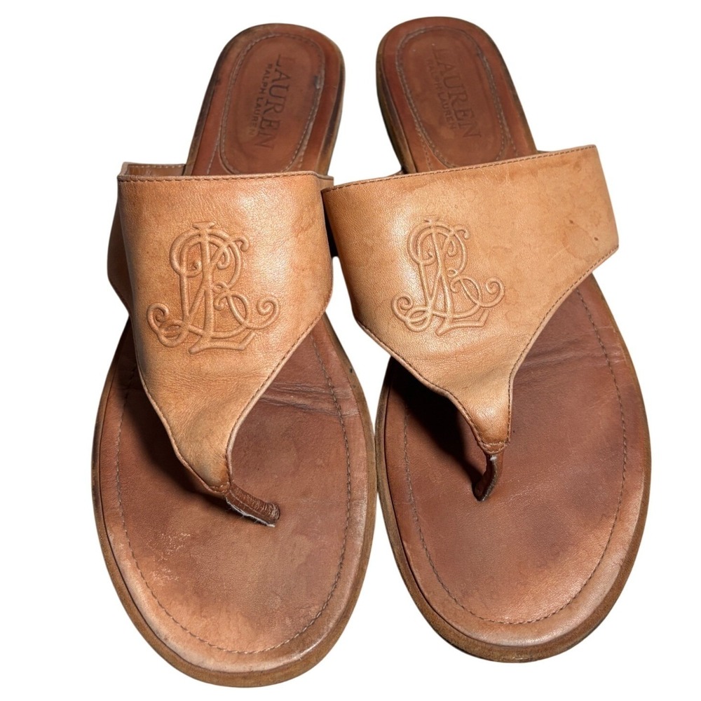Lauren Ralph Lauren Brown Leather LRL Monogram Thong Sandals Gold Heel Accent